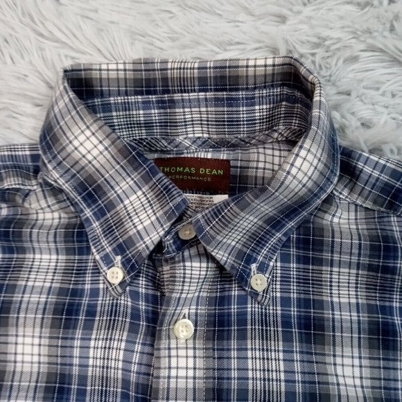 Thomas Dean Performance Mens Shirt Blue M Button Up Plaid Preppy Casual - Picture 5 of 10